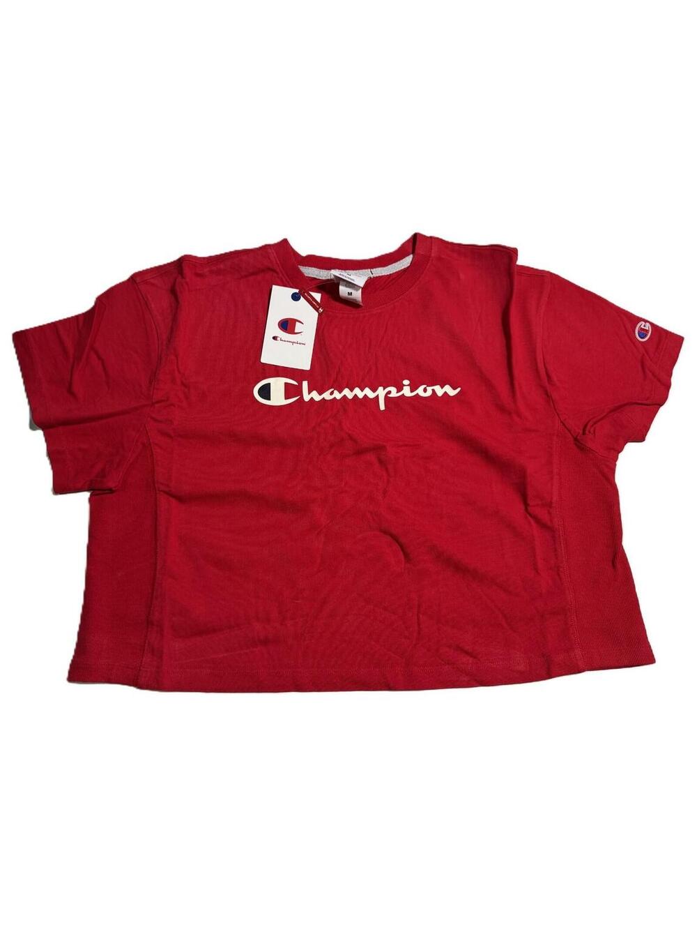 Champion Red Cropped Script Logo Graphic Tee T Shirt Womens Size M NWT NEW